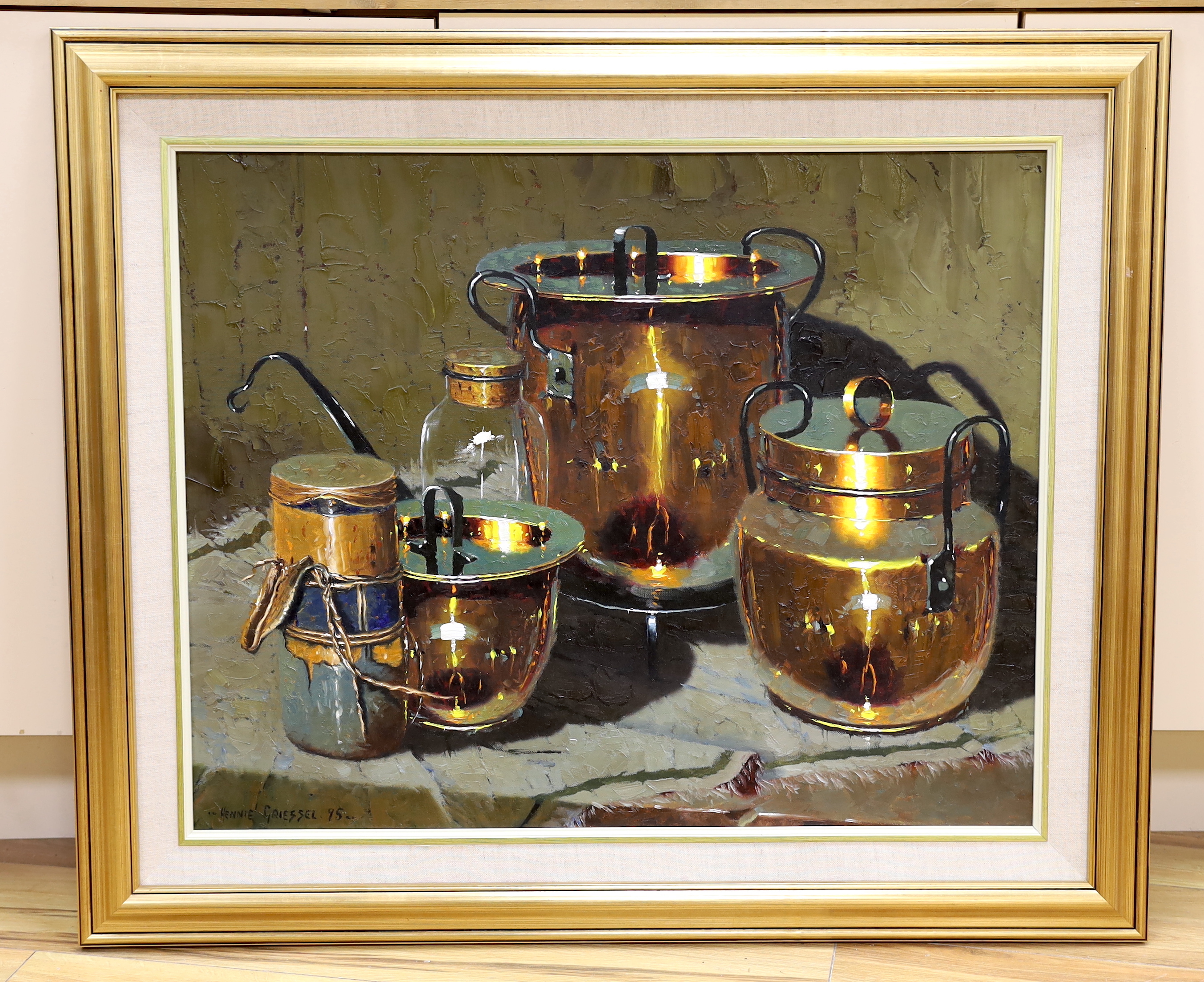 Hennie Griesel (South African, 1931-2015) impasto oil on canvas, Still life of copper ware, signed and dated '95, 75 x 59cm